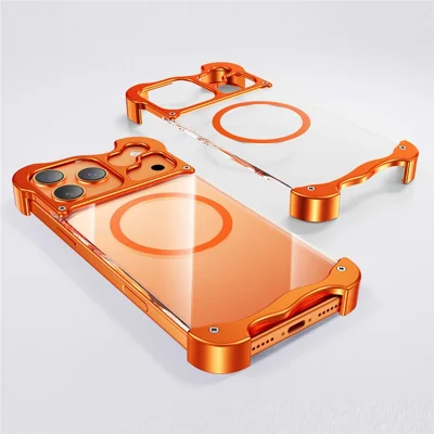 For iPhone 17 Pro Magnetic Case Aluminum Alloy + PC Clear Transparent Frameless Phone Cover - Orange