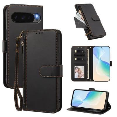  For Google Pixel 10 / Google Pixel 9 / Google Pixel 9 Pro / Google Pixel 10 Pro Case 4 Card Slots Wallet Stand PU Leather Phone Cover with Wrist Strap - Black