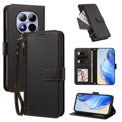  For Xiaomi Poco M8 Pro 5G / Xiaomi Redmi Note 15 Pro+ 5G (Global) Case 4 Card Slots Wallet Stand PU Leather Phone Cover with Wrist Strap - Black