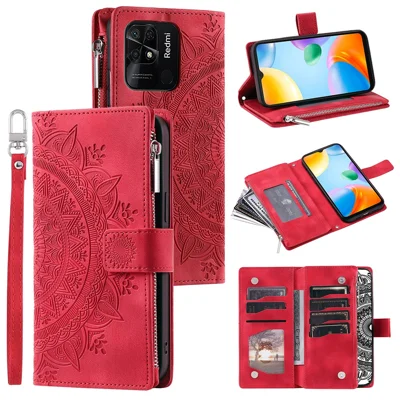 Voor Xiaomi Redmi 10C 4G Mandala Bloem Afdruk Rits Portemonnee Hoesje PU Leer Stand Meerdere Kaartslots Schokbestendige Fliphoes met Bandje - Rood