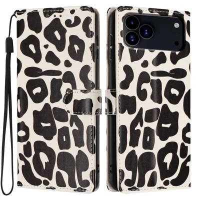 Coque pour iPhone 17 Pro Max en cuir synthétique avec motif léopard, étui portefeuille à support pivotant avec bracelet poignet - Noir