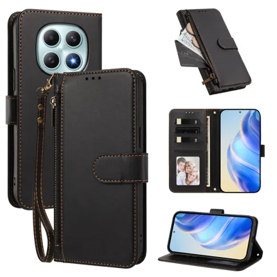  For Xiaomi Poco M8 5G / Xiaomi Redmi Note 15 4G (Global) / Xiaomi Redmi Note 15 5G (Global) Case 4 Card Slots Wallet Stand PU Leather Phone Cover with Wrist Strap - Black