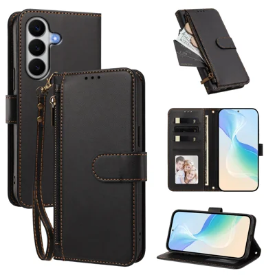  For Samsung Galaxy A27 5G Case 4 Card Slots Wallet Stand PU Leather Phone Cover with Wrist Strap - Black