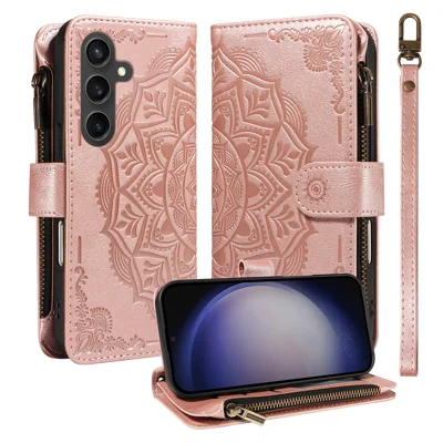 For Samsung Galaxy S23 FE Wallet Case 9 Card Slots RFID Blocking Mandala Embossed Leather Flip Cover with Wrist Strap - Rose Gold