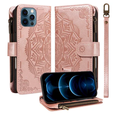  For iPhone 13 Pro Wallet Case 9 Card Slots RFID Blocking Mandala Embossed Leather Flip Cover with Wrist Strap - Rose Gold