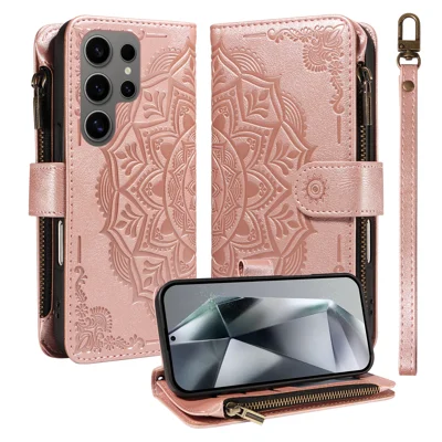  For Samsung Galaxy S24 Ultra Wallet Case 9 Card Slots RFID Blocking Mandala Embossed Leather Flip Cover with Wrist Strap - Rose Gold