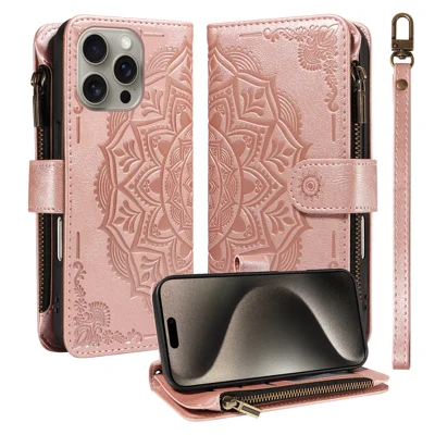  For iPhone 15 Pro Max Wallet Case 9 Card Slots RFID Blocking Mandala Embossed Leather Flip Cover with Wrist Strap - Rose Gold