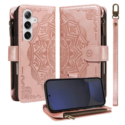  For Samsung Galaxy S24 FE Wallet Case 9 Card Slots RFID Blocking Mandala Embossed Leather Flip Cover with Wrist Strap - Rose Gold