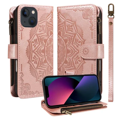  For iPhone 13 Wallet Case 9 Card Slots RFID Blocking Mandala Embossed Leather Flip Cover with Wrist Strap - Rose Gold