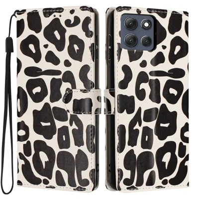 For Motorola Moto G86 Power 5G Case Leopard Print Wallet Stand Flip Leather Phone Cover with Wrist Strap - Black
