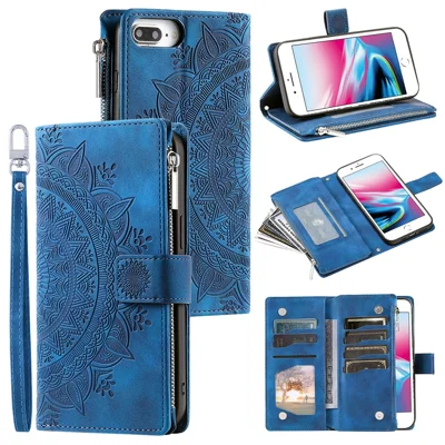 For iPhone 7 Plus / 8 Plus 5.5 inch Zipper Pocket Wallet Case PU Leather Stand Multiple Card Slots Mandala Flower Imprinted Phone Cover with Strap - Blue