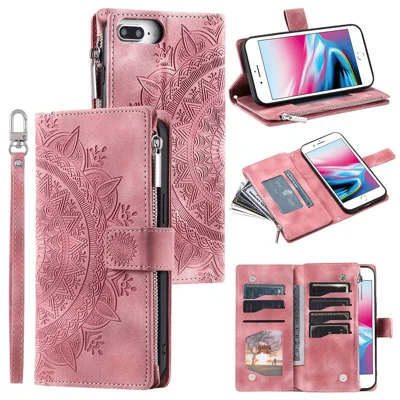 For iPhone 7 Plus / 8 Plus 5.5 inch Zipper Pocket Wallet Case PU Leather Stand Multiple Card Slots Mandala Flower Imprinted Phone Cover with Strap - Rose Gold