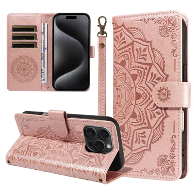  For iPhone 15 Pro Wallet Case Embossed Mandala Pattern PU Leather + TPU Cover with Wrist Strap - Rose Gold