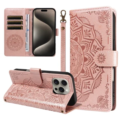  For iPhone 15 Pro Max Wallet Case Embossed Mandala Pattern PU Leather + TPU Cover with Wrist Strap - Rose Gold