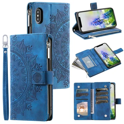 Para iPhone X / XS 5.8 polegadas Mandala Flower Imprinted PU Leather Wallet Phone Case Múltiplos slots para cartões Fecho magnético Bolso com zíper Bolsa com suporte Capa flip com alça - Azul