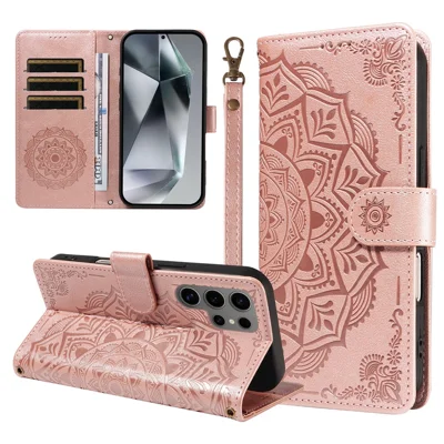  For Samsung Galaxy S24 Ultra Wallet Case Embossed Mandala Pattern PU Leather + TPU Cover with Wrist Strap - Rose Gold