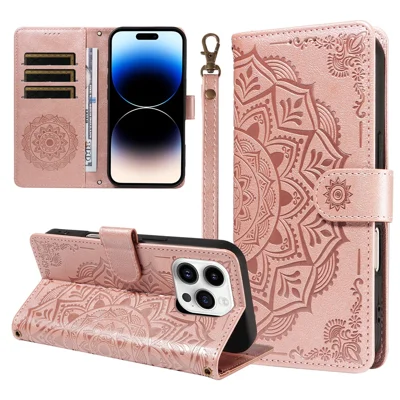  For iPhone 14 Pro Max Wallet Case Embossed Mandala Pattern PU Leather + TPU Cover with Wrist Strap - Rose Gold