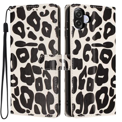 For Samsung Galaxy A06 4G Case Leopard Print Wallet Stand Flip Leather Phone Cover with Wrist Strap - Black