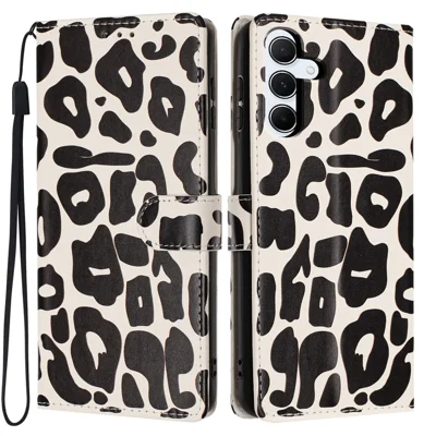 For Samsung Galaxy A55 5G Case Leopard Print Wallet Stand Flip Leather Phone Cover with Wrist Strap - Black