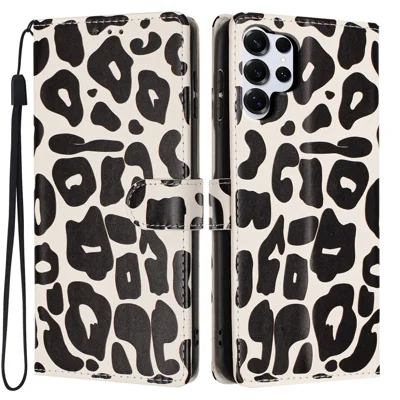 Samsung Galaxy S25 Ultra-hoesje met luipaardprint Portefeuillestaander van leer met polsbandje - Zwart