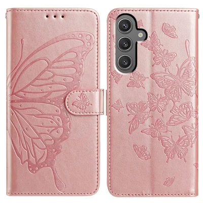 For Samsung Galaxy A18 4G Case Butterfly Imprinted Wallet Stand PU Leather Flip Phone Cover with Strap - Rose Gold