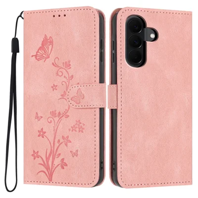 For Samsung Galaxy A18 4G / A18 5G / A17 4G / A17 5G / A26 5G Wallet Case Butterfly Flower Imprint PU Leather Phone Cover with Wrist Strap - Pink