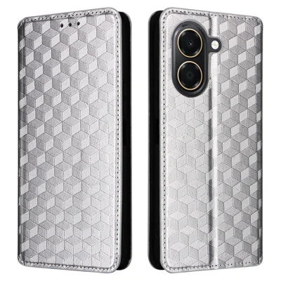 Cover Portafoglio per Honor X7e 4G / Play 80 Plus 5G, Custodia in Pelle PU con Stampa Rombo, Color Argento