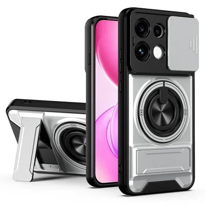 För Oppo Reno16 F 5G / Reno16 FS 5G Magnetisk Fodral Med Ringhållare, Vikbar Stödbygel, TPU PC Mobilskal Med Skjutbar Kamerahölja - Silver
