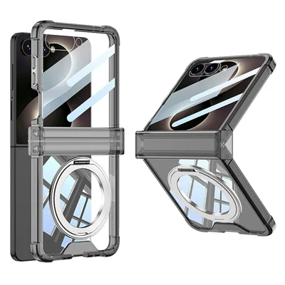 Capa GKK para Samsung Galaxy Z Flip8 com Suporte Magnético Rotativo, Proteção de Airbag, Dobradiça, Capa de Telemóvel TPU com Filme Traseiro - Preto Transparente