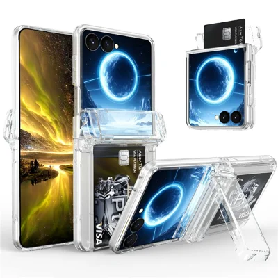 For Samsung Galaxy Z Flip8 Case Hinge Kickstand Hard PC Phone Cover with Card Slots - Transparent