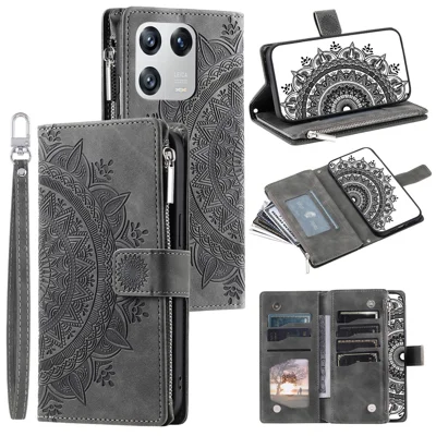 Für Xiaomi 13 Schockdes Handyabdeckung PU Leder Mandala Blume Eingeprägte Kartenhalter Reißverschluss Pocket Flip Wallet Telefon Hülle Mit Riemen - Grau
