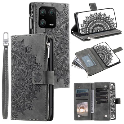 Funda de Teléfono Móvil para Xiaomi 13 Pro 5G de Piel PU con Estampado de Flor de Mandala, Soporte para Tarjetas y Bolsillo con Cierre Magnético y Cremallera - Gris