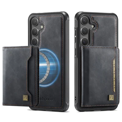 AUTSPACE for Samsung Galaxy S26 Case A13 Vintage Leather Back Cover with Magnetic Detachable Card Bag - Black