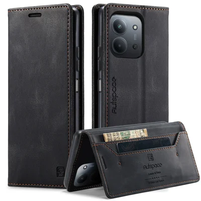 AUTSPACE til Xiaomi Redmi 15C 5G (EU) (173 mm) / Xiaomi Redmi 15C 4G (EU) (173 mm) Wallet-case A01 Læderstanddæksel med RFID-blokerende kortlomme - Sort