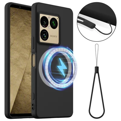 Voor Sony Xperia 1 VIII magnetische hoes anti-loslaten vloeibare siliconen telefoonhoes met lanyard - Zwart
