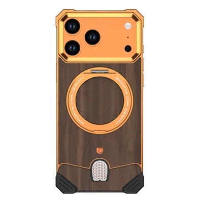 For iPhone 17 Pro Max Frameless Case Walnut Wood Pattern Rotating Kickstand Metal Snap-on Phone Cover - Orange