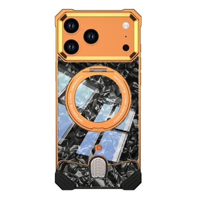 For iPhone 17 Pro Frameless Case Marble Pattern Rotating Kickstand Metal Snap-on Phone Cover - Orange