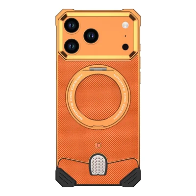 For iPhone 17 Pro Max Frameless Metal Case Snap-on Leather Back Phone Cover with Rotating Kickstand - Orange