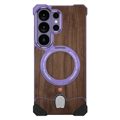 For Samsung Galaxy S26 Ultra Frameless Case Walnut Wood Pattern Rotating Kickstand Metal Snap-on Phone Cover - Purple