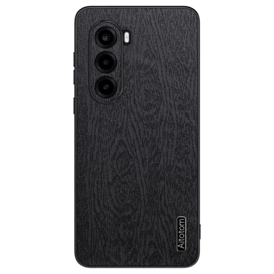 For OnePlus Turbo 6X 5G Case Wood Texture PU Leather Coated PC TPU Phone Cover - Black