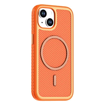 For iPhone 14  /  13 Magnetic Case Carbon Fiber Texture PC + TPU Phone Cover with Independent Button - Orange