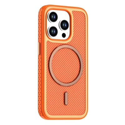 For iPhone 14 Pro Max Magnetic Case Carbon Fiber Texture PC + TPU Phone Cover with Independent Button - Orange