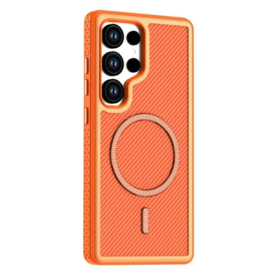 For Samsung Galaxy S24 Ultra Magnetic Case Carbon Fiber Texture PC + TPU Phone Cover with Independent Button - Orange
