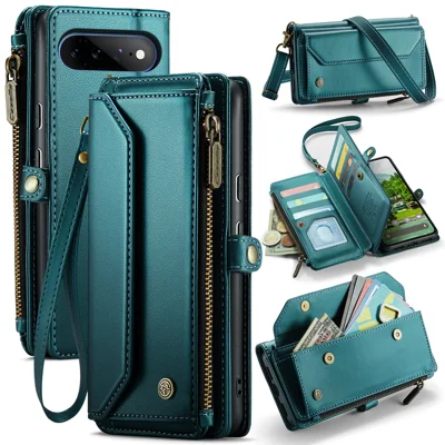  CASEME for Google Pixel 11 Pro XL C36 Leather Case Zipper 10 Card Slots Phone Cover with Straps - Green
