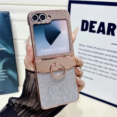 For Samsung Galaxy Z Flip7 FE 5G / Z Flip6 5G Case with Ring Holder Kickstand Bow Design Glitter PC Phone Cover - Silver