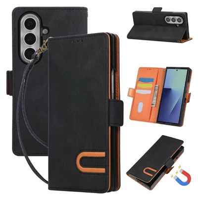 For Samsung Galaxy Z Fold8 Ultra Case U-Shape Decoration Magnetic Side Clasp Wallet Leather Phone Cover with Wrist Strap - Black