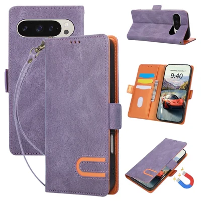 For Google Pixel 10 Pro XL Case U-Shape Decoration Magnetic Side Clasp Wallet Leather Phone Cover with Wrist Strap - Purple