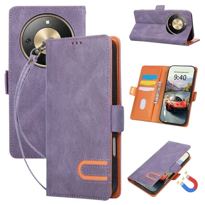 Cover per Honor X70 5G / X9d 5G / Magic8 Lite 5G, custodia portafoglio in pelle con chiusura magnetica laterale a forma di U, decorazione a U, con tracollina - Viola