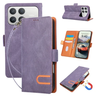 For Xiaomi Poco F8 Pro 5G  /  Redmi K90 5G Case U-Shape Decoration Magnetic Side Clasp Wallet Leather Phone Cover with Wrist Strap - Purple