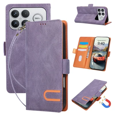 Coque pour Xiaomi Poco F8 Ultra / Redmi K90 Pro Max 5G, étui portefeuille en cuir avec fermoir magnétique latéral en forme de U, attache poignet - Violet
